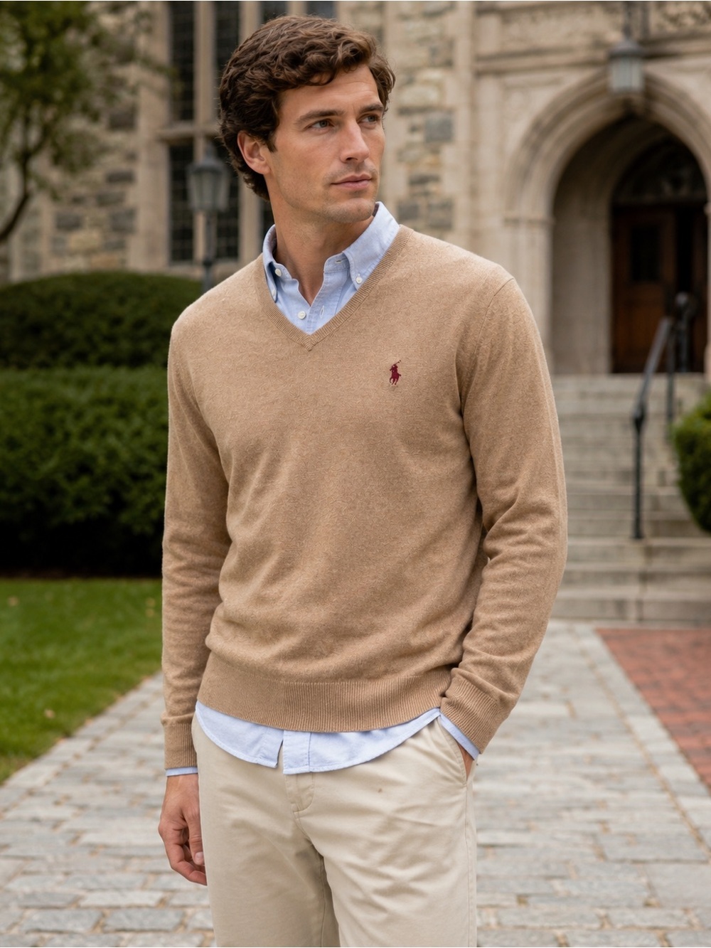 Polo Ralph Lauren Pima Cotton V-Neck Sweater Tan Men Medium Academia Preppy